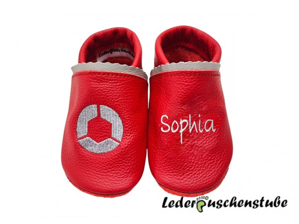 Lederpuschen rot mit Namen Logo Hainbuch
